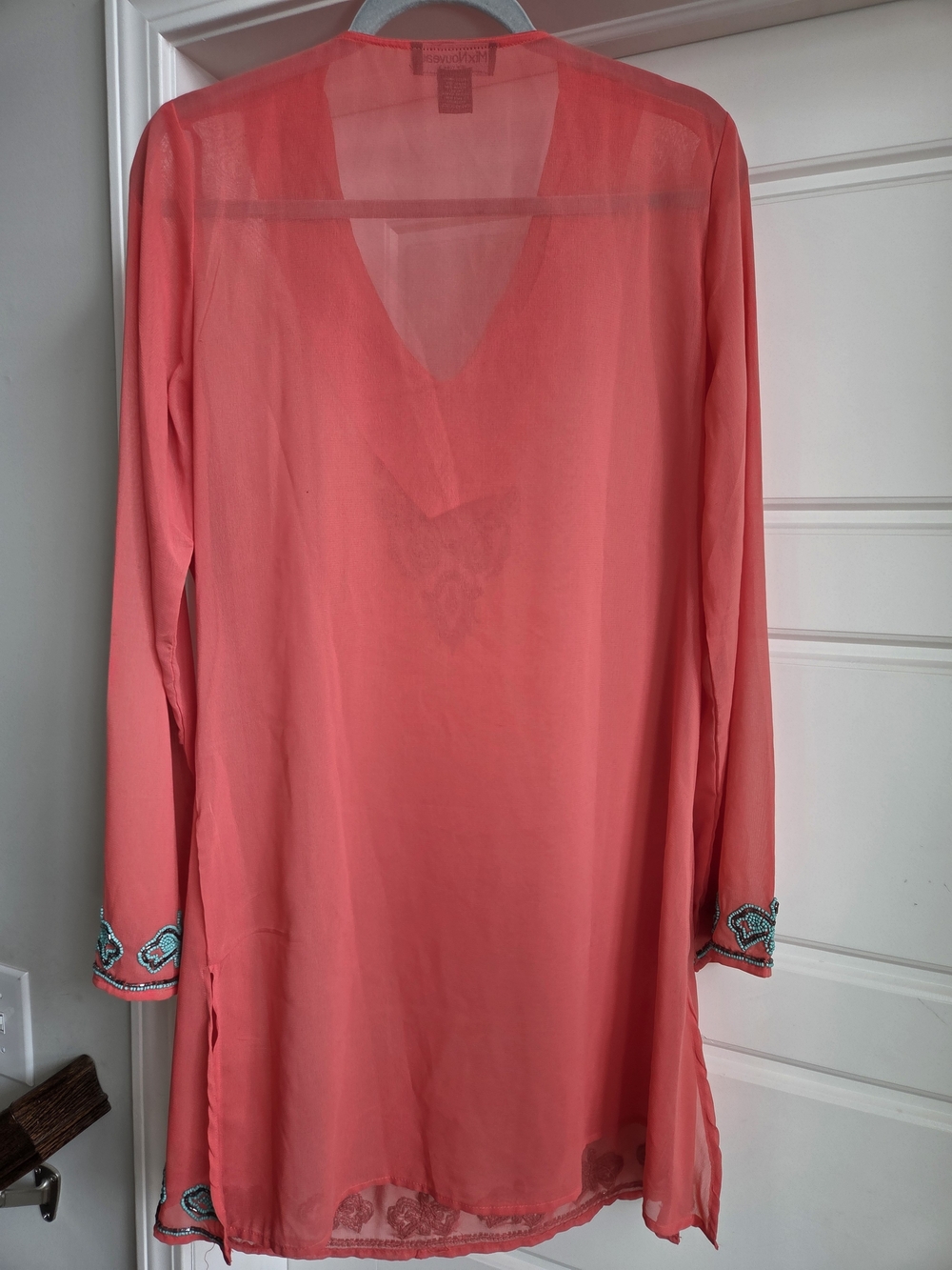 Mix Nouveau Coral And Turquiose Embellished V-Neck Swim Coverup - Picture 6 of 8